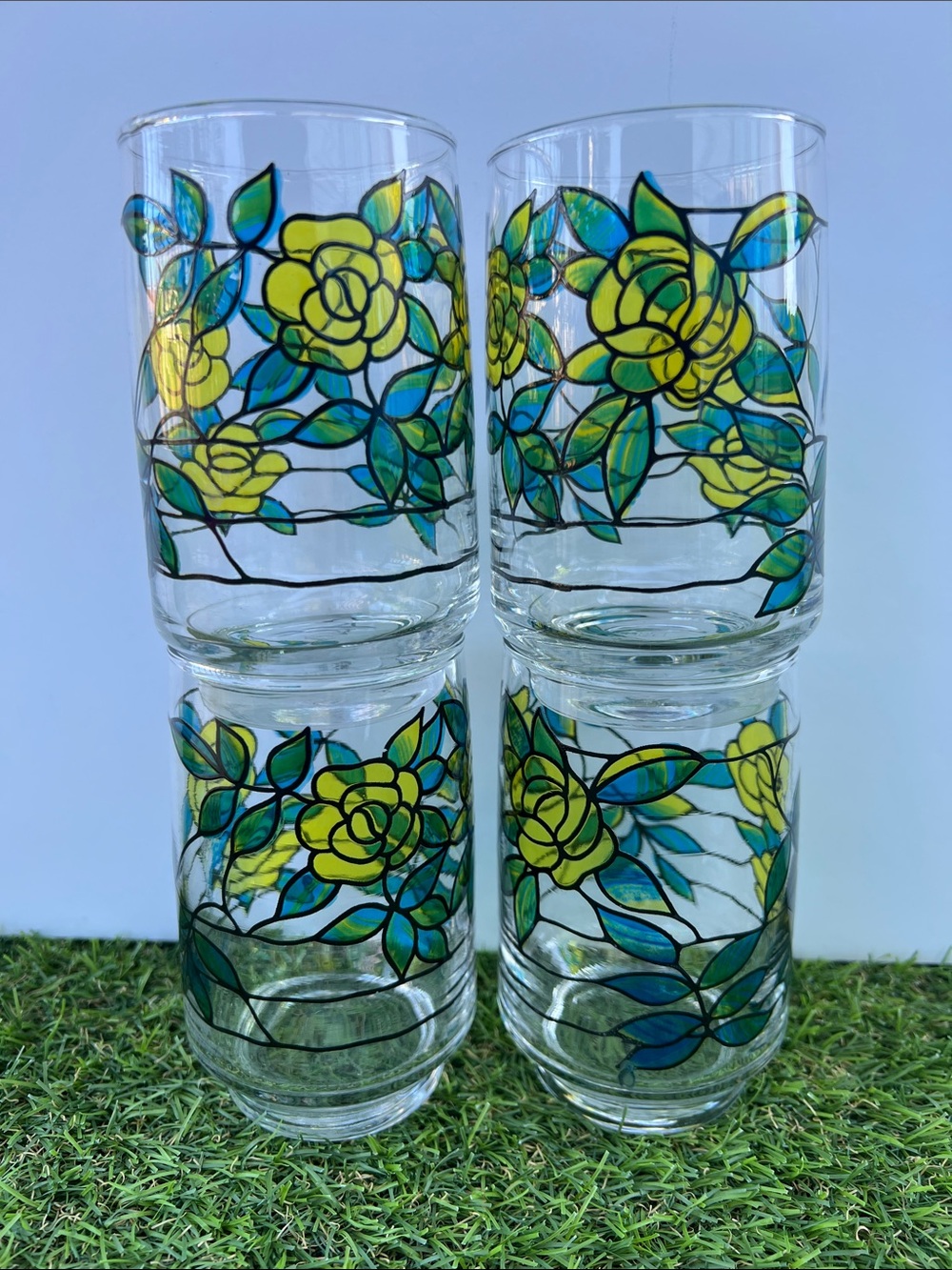 LOT of 4 VINTAGE Dominion Libby Stackable Stained Glass Rose drinking Glass 70s
